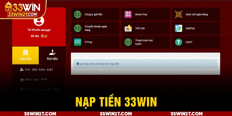 Hướng dẫn nạp tiền 33WIN qua ngân hàng